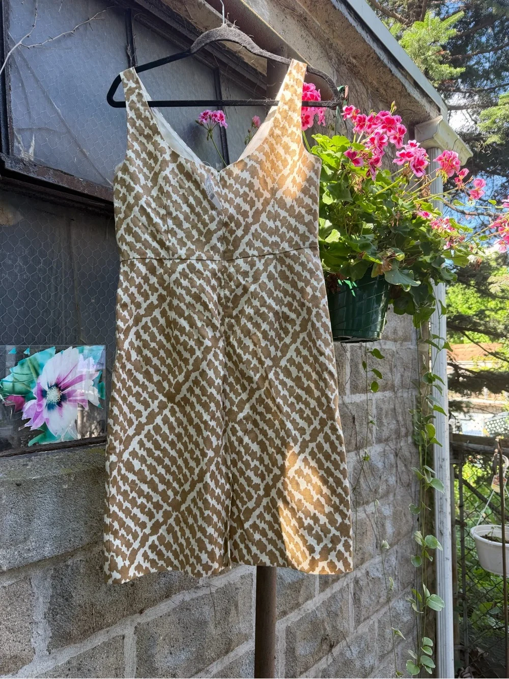 J. Crew Tan and White Patterned Sleeveless V-Neck Dress